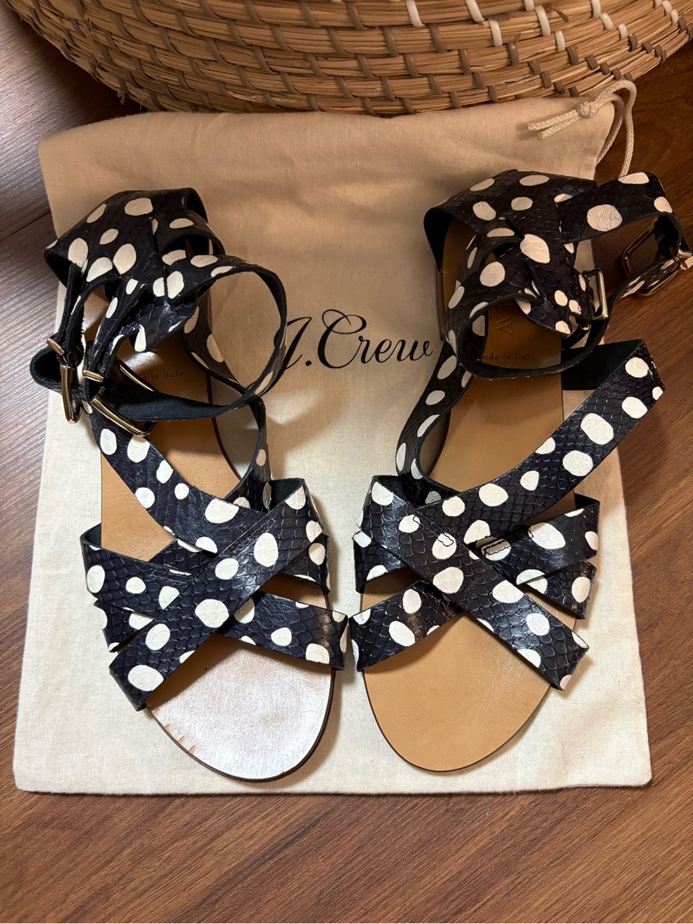 J Crew Black White Polka Dot Snake Embossed Strappy Sandals Made in Italy